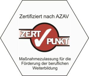Logo: Zertifiziert nach AZAV,Zert Punkt, Maßnahmezulassung für die Förderung der beruflichen Weiterbildung