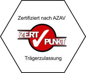 Logo: Zertifiziert nach AZAV,Zert Punkt, Trägerzulassung